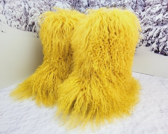 39 EU Yellow Super shaggy real llama fur women yeti boots Outdoor Winter lama fur boots