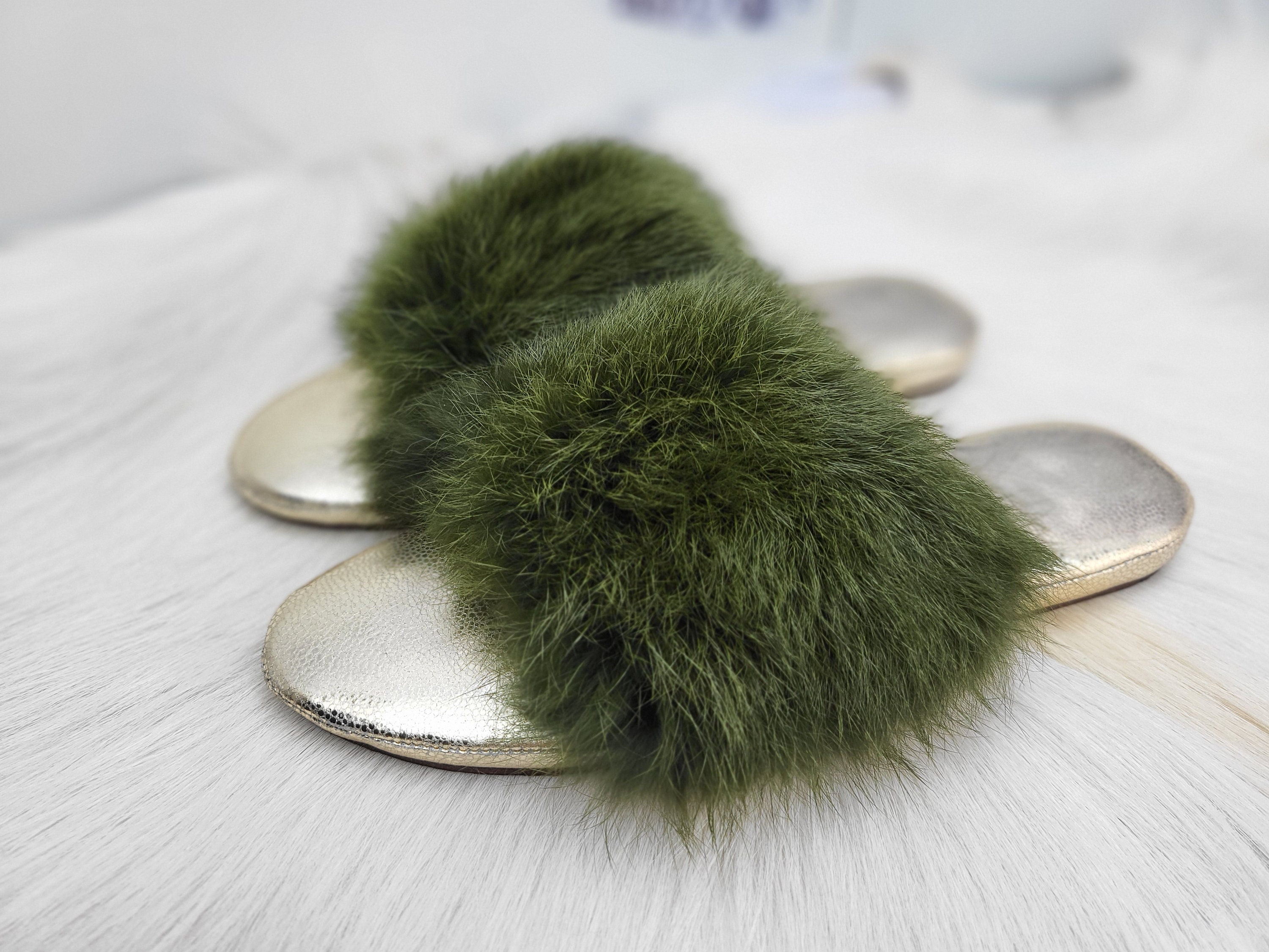 Olive green deals fur slides
