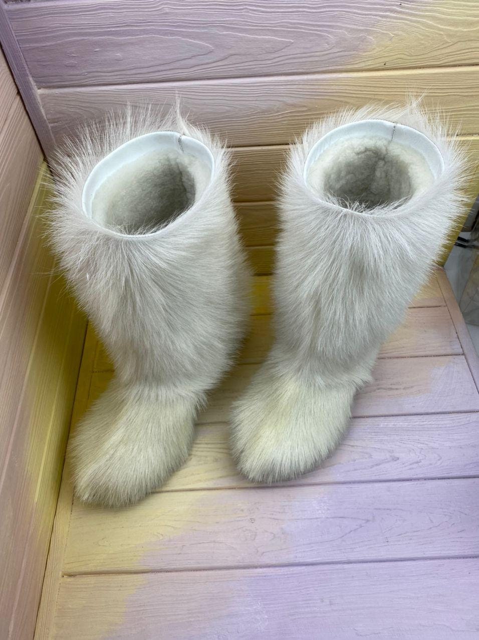White fur boots for women long fur boots yeti boots white | Etsy