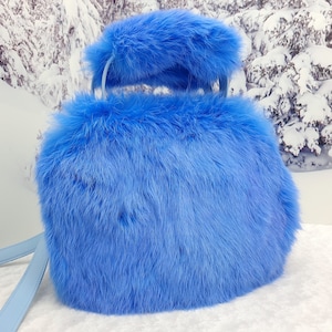 Blue real rabbit fur women hand bag Crossbody bag Genuine fur purse