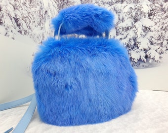 Blue real rabbit fur women hand bag Crossbody bag Genuine fur purse