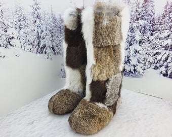 Rabbit winter fur boots for women, Patchwork genuine cozy fur snow boots