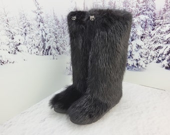 High black beaver fur boots for women Knee winter boots Snow boots