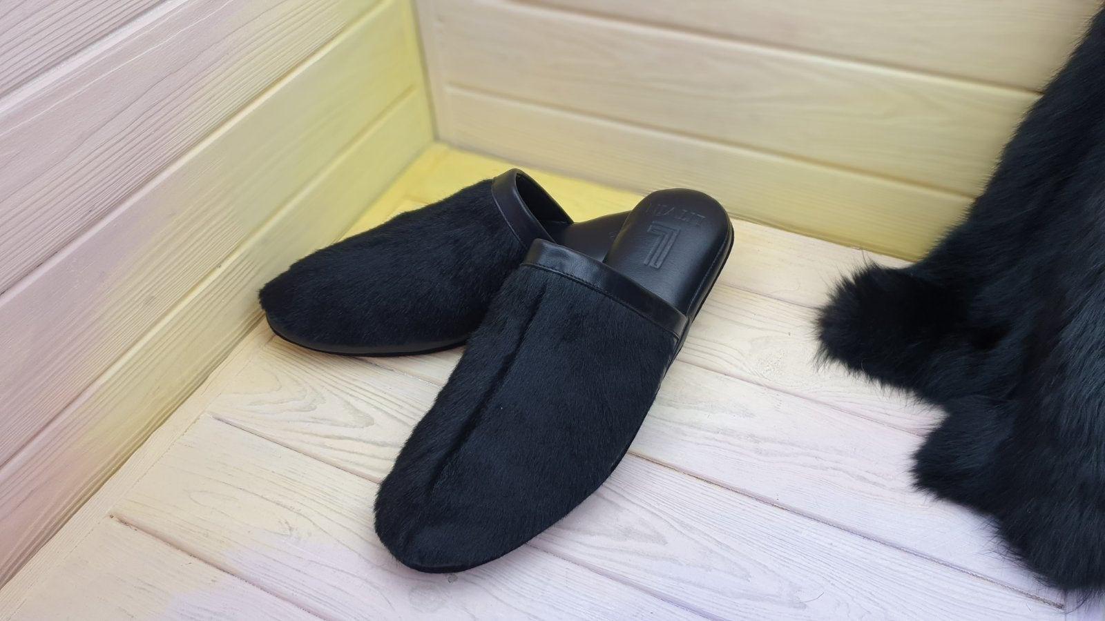 Black slippers men's house shoes leather slippers goat | Etsy