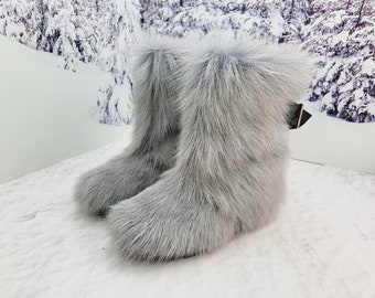 Botas de nieve de mujer de piel de cabra gris para pantorrillas anchas Botas esquimales Mukluks