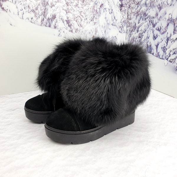 Demi Black fox fur suede ankle booties Women platform boots