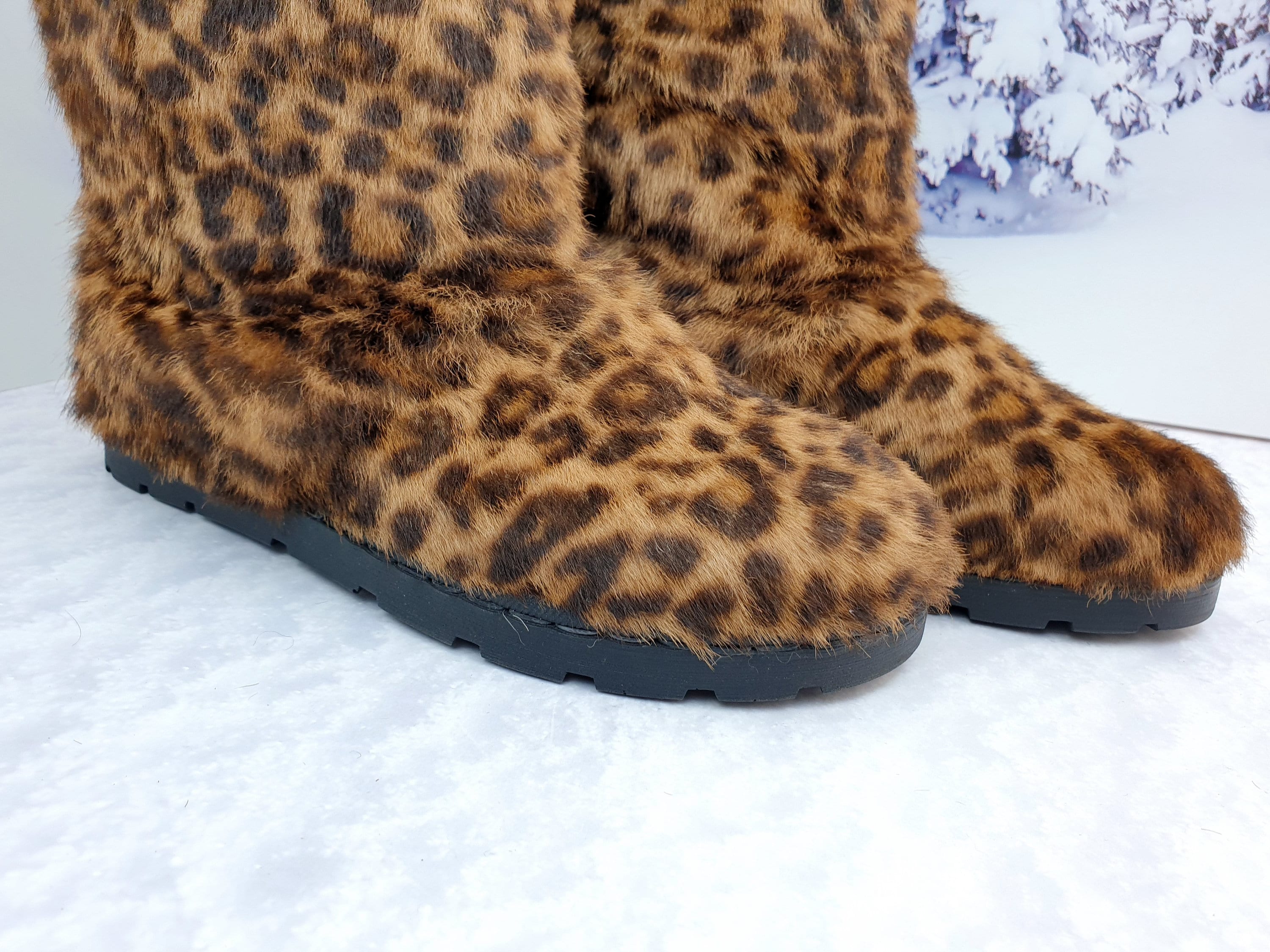 00s in the attic fur boots レオパード ファー ブーツ Leopard Print Winter Fur Boots for Women, Genuine Fur Boots