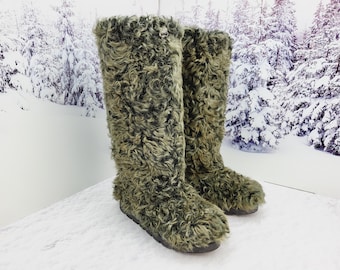 Green or black curly kalgan sheep high fur boots Knee fur boots