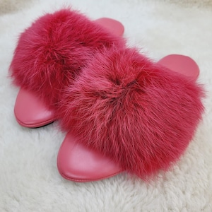 38 EU Women&#39;s house pink leather shoes, home pink fur slippers, open toe slippers