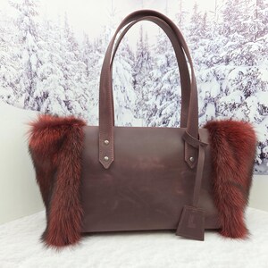 Women leather tote bag Red fox fur bag Furry bag Red fisher