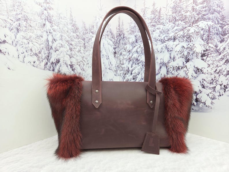 Women leather tote bag Red fox fur bag Furry bag Red fisher