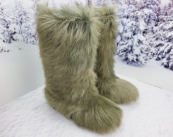 Khaki men goat fur winter boots Viking snow boots Men mukluks