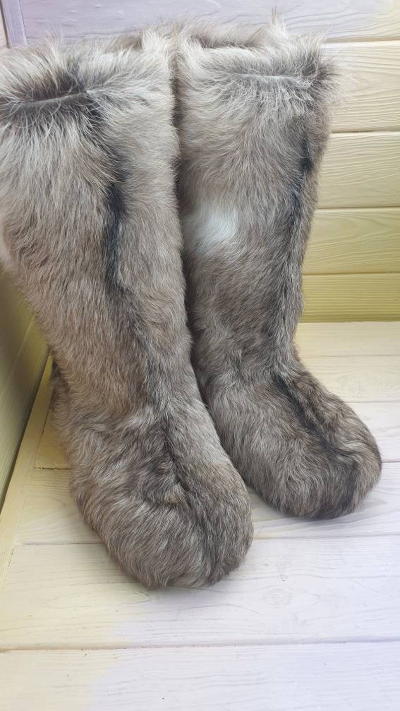 Genuine high fur winter boots,mukluks, snow furry yeti boots, light brown/white colour fur boots image 7