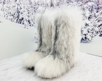 36 EU Gray white fluffy real goat winter fur boots for women