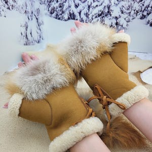 Fingerless fur mittens Real Sheepskin Fox warm winter gloves