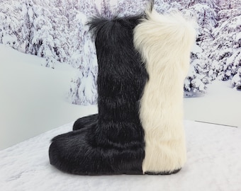 Black and white Eskimo fur boots for women, goat fur boots, gift for her