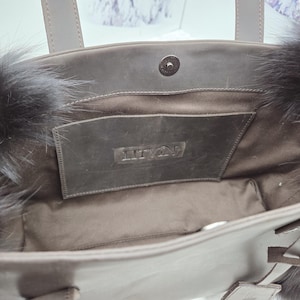 Women leather tote bag Red fox fur bag Furry bag image 12