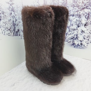 Hoge bruine beverbontlaarzen voor dames Knie-winterlaarzen Snowboots