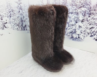 Hohe braune Biberfellstiefel für Frauen Knie Winterstiefel Schneestiefel