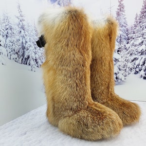 Hoge lange laarzen van vossenbont, echte rode vossenbontlaarzen voor dames, harige snowboots