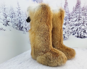 High fox fur long boots, womens genuine red fox fur boots, Furry snow boots