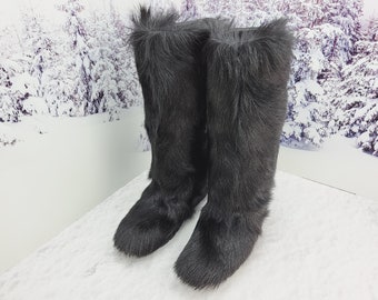 Schwarze Knie Ziegenfell Frauen Pelzige Winterstiefel Yeti Stiefel Lange Fell Schneestiefel