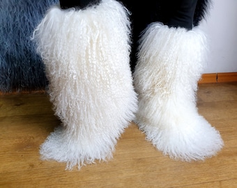 Super shaggy real lama fur women yeti boots Outdoor Winter long llama fur boots