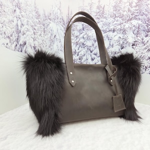 Women leather tote bag Red fox fur bag Furry bag Chocolate brown