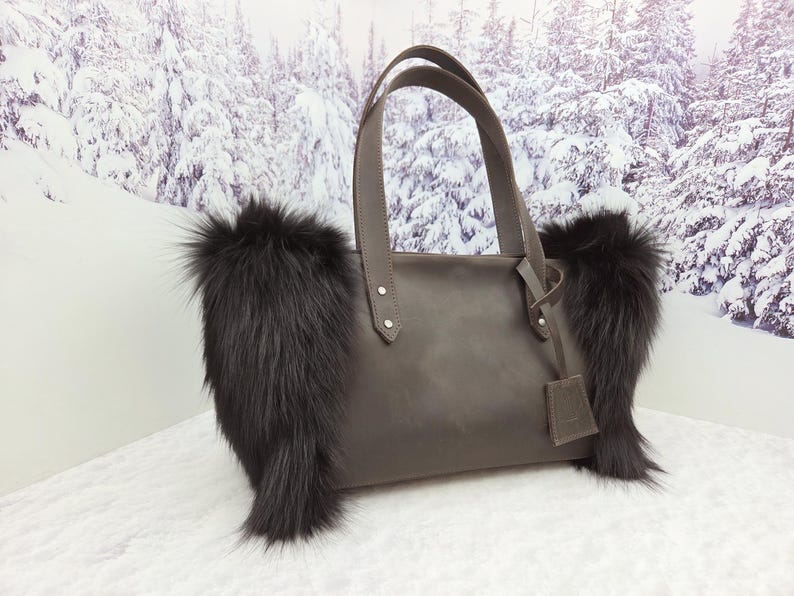 Women leather tote bag Red fox fur bag Furry bag Chocolate brown