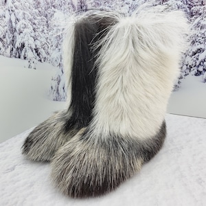 41 EU 10 US Grau-Weiße echte Ziegenfell Yeti Stiefel für Frauen