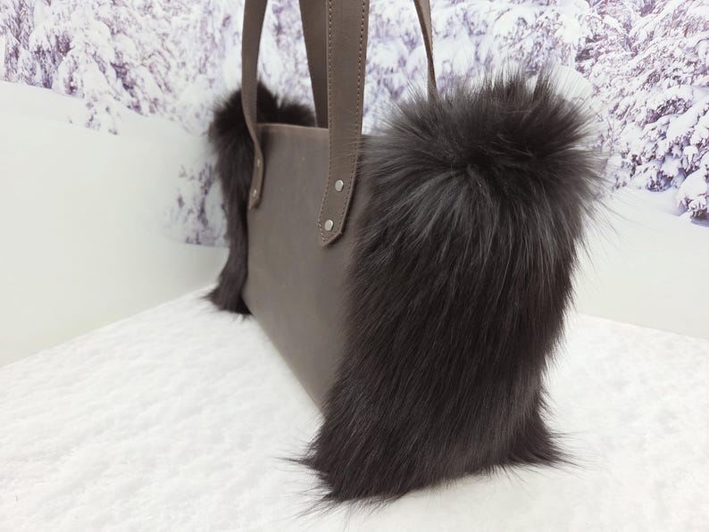 Women leather tote bag Red fox fur bag Furry bag image 13