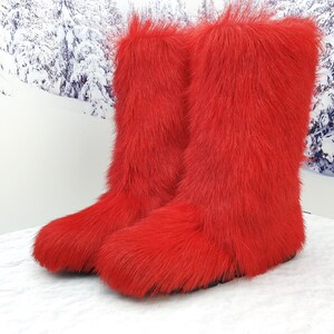 Black goat fur yeti boots for women Furry Eskimo boots Mukluks Red