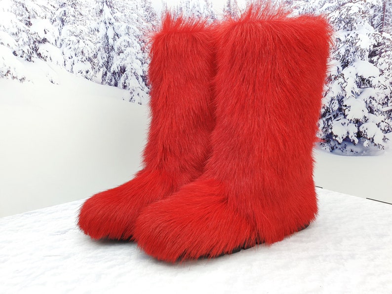 Black goat fur yeti boots for women Furry Eskimo boots Mukluks Red