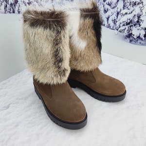 36 EU Brown real suede women winter boots with goat fur Winter footwear Comfort warm boots