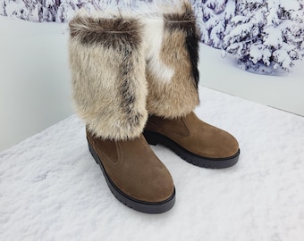 36 EU Brown real suede women winter boots with goat fur Winter footwear Comfort warm boots