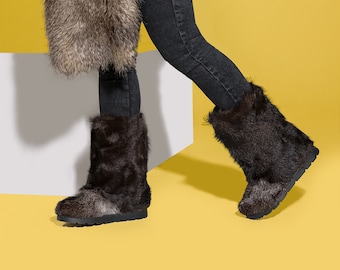 Echtfell Stiefel, Eskimo, Mukluks, Yeti Stiefel, schwarz/braun/graue Ziegenfellstiefel, Winterstiefel für Frauen, LITVIN