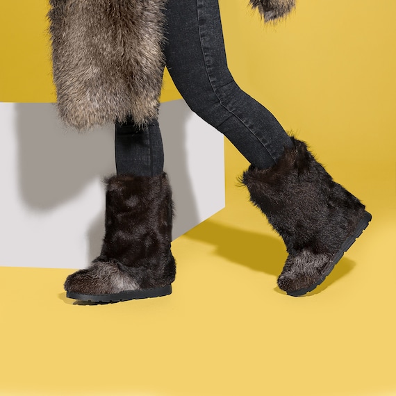 Genuine Fur High Boots,eskimo, Mukluks, Yeti Boots, Black/brown