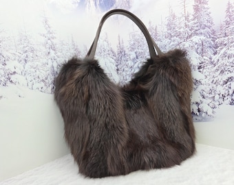 Real chocolate brown fox fur shopping bag Women genuine fur purse