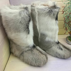 Genuine high fur winter boots,mukluks, snow furry yeti boots, light brown/white colour fur boots image 5