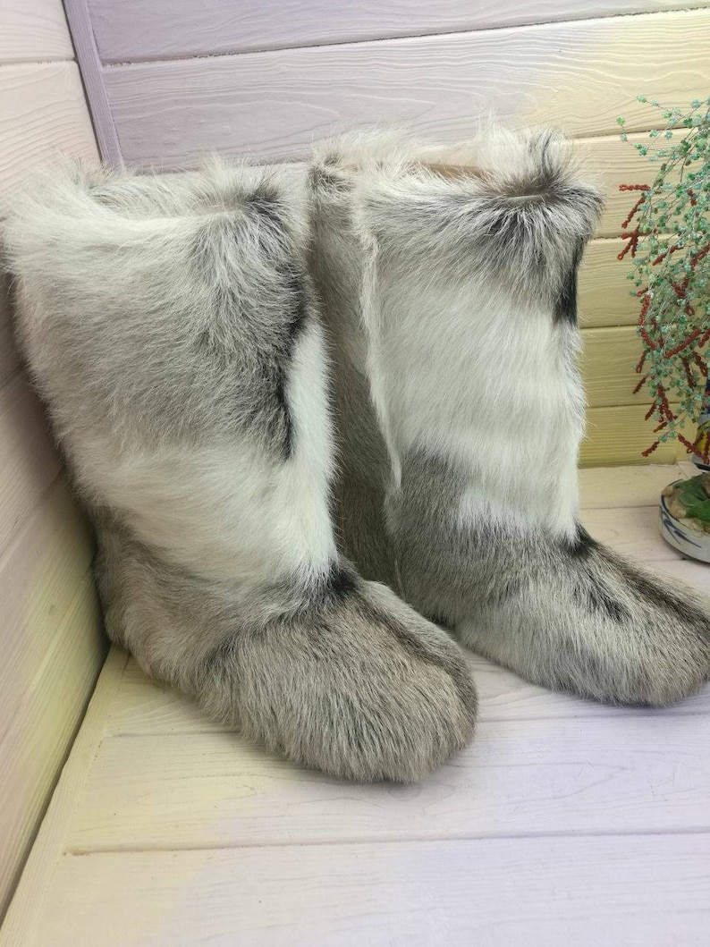 Genuine high fur winter boots,mukluks, snow furry yeti boots, light brown/white colour fur boots image 5