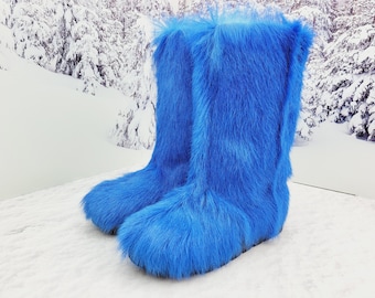 Blue genuine high fur winter boots for women 38 EU 7-7.5 US mukluks, snow cozy yeti fur boots