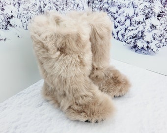 Beige real toscana fur high boots,mouton eskimo winter boots for women