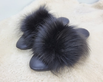 Women black fox fur leather house slippers Open toe home shoes Furry house slippers