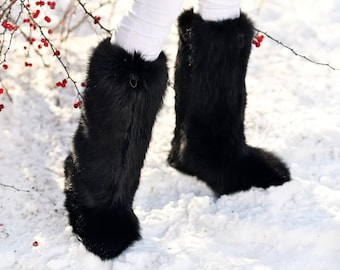 High black fox mukluk boots for women Genuine fox fur snow boots