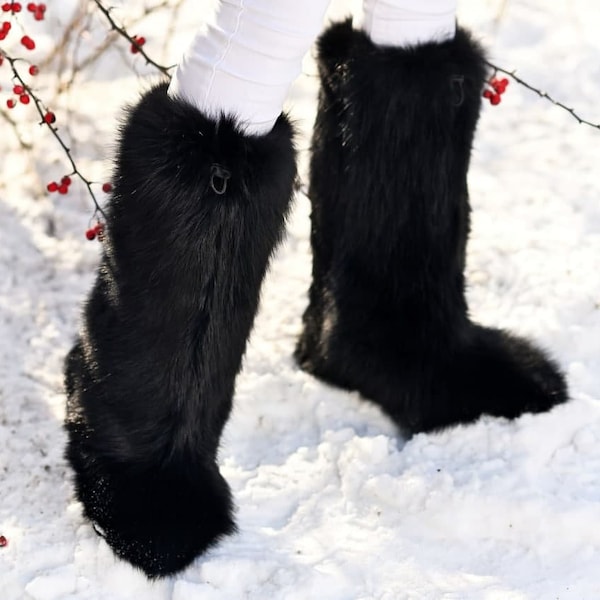 High black fox mukluk boots for women Genuine fox fur snow boots