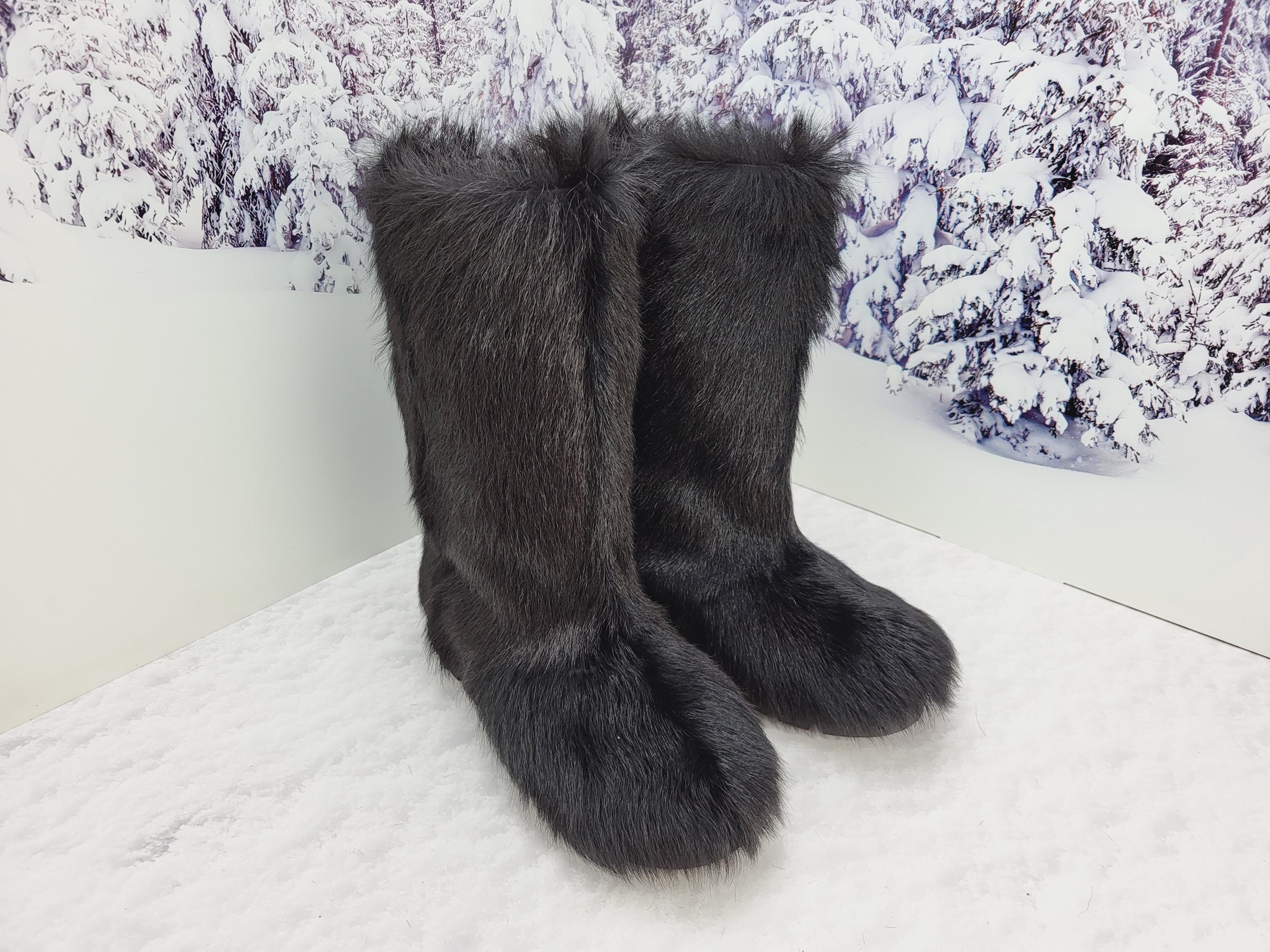 Black genuine goat fur snow boots, after ski furry boots, mukluks