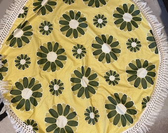 Jaren 70 Flower Power vinyl rond tafelkleed van 54 inch met franje