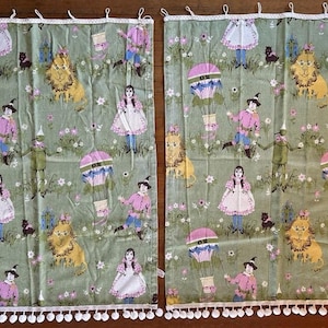Vintage Fieldcrest 1950’s Wizard of Oz Curtains w/ Pom Poms - 37”x30.5” (2)