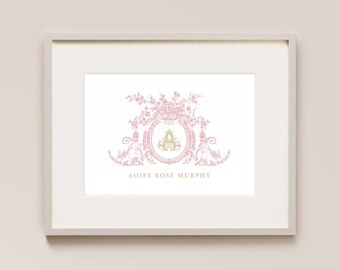 Classic Pink Crest, Nursery Wall Art, Hand Drawn, Birth Gift, Baby Gift, Baby room Decoration, Personalised Gifts, Baby Boy/Baby Girl Gift