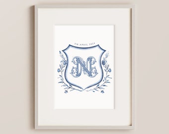 Vintage Blue Crest, Nursery Wall Art, Hand Drawn, Birth Gift, Baby Gift, Baby room Decoration, Personalised Gifts, Baby Boy/Baby Girl Gift
